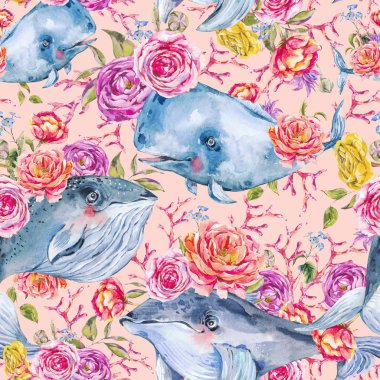 Gül, anemon, summ ile Mavi balina suluboya dikişsiz desen