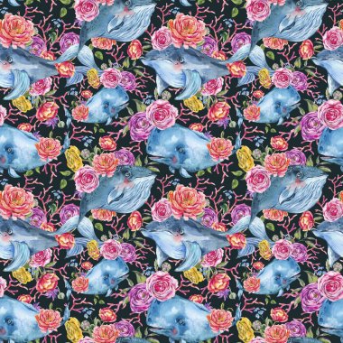 Gül, anemon, summ ile Mavi balina suluboya dikişsiz desen