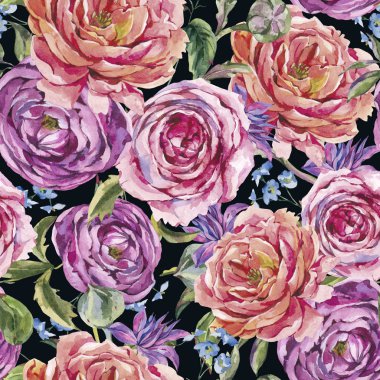 Roses Watercolor Vintage Floral Seamless Pattern, Watercolor Bou clipart