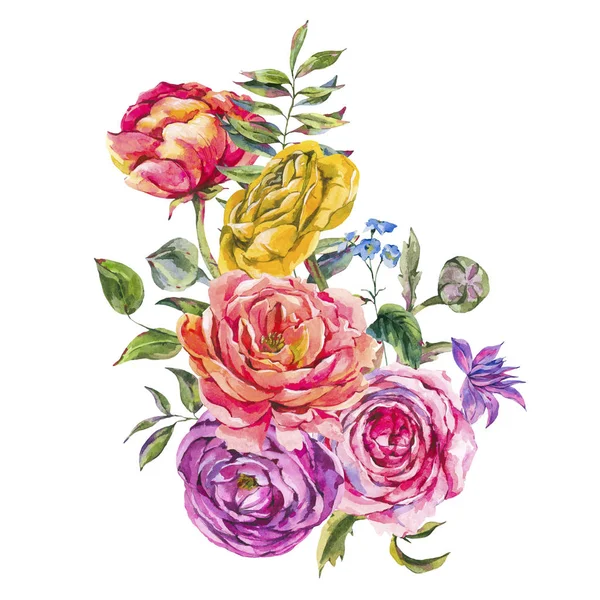 Υδατογραφήματακόκκινα τριαντάφυλλα, Ranunculus και αγριολούλουδα — Φωτογραφία Αρχείου