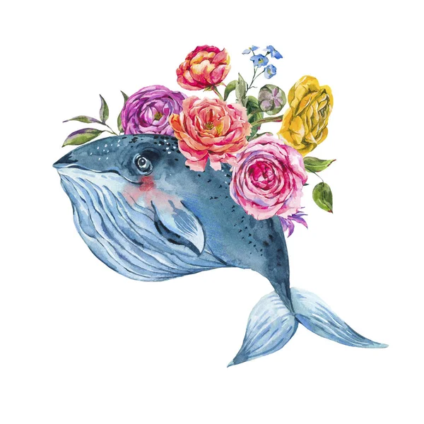 Acuarela de ballena azul con rosa, anémonas, flores de verano, c rojo — Foto de Stock