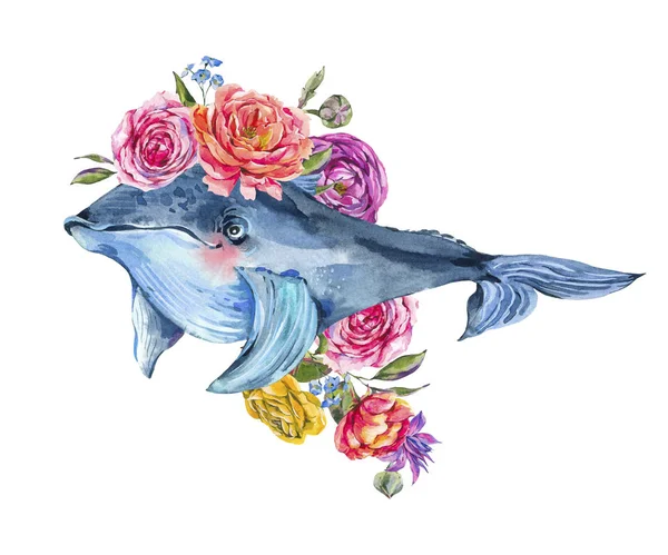 Acuarela de ballena azul con rosa, anémonas, flores de verano. Nauti — Foto de Stock