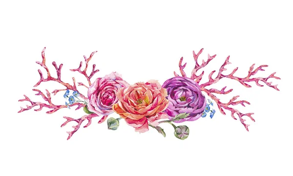 Corona pintada a mano de acuarela con rosas rosadas, isola de coral rojo — Foto de Stock