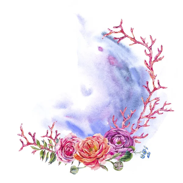 Acuarela pintada a mano wteath con rosas rosadas, isola de coral rojo — Foto de Stock