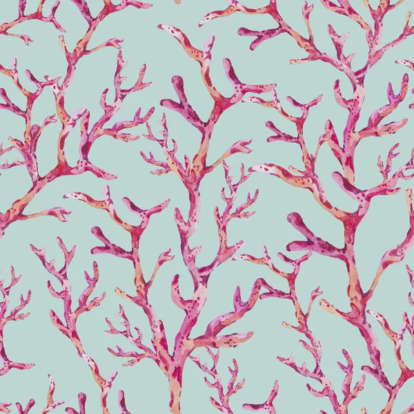 Sualtı kırmızı mercan ile suluboya dikişsiz desen — Stok fotoğraf