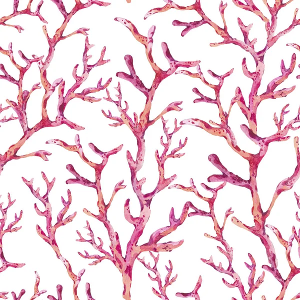 Sualtı kırmızı mercan ile suluboya dikişsiz desen — Stok fotoğraf