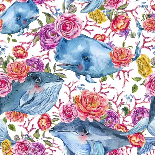 蓝鲸水彩无缝图案与玫瑰,海葵,总和 — 图库照片