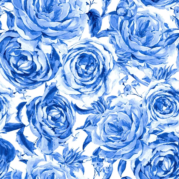 Niebieski monochromatyczny róże akwarela Vintage kwiatowy bez szwu wzór — Zdjęcie stockowe