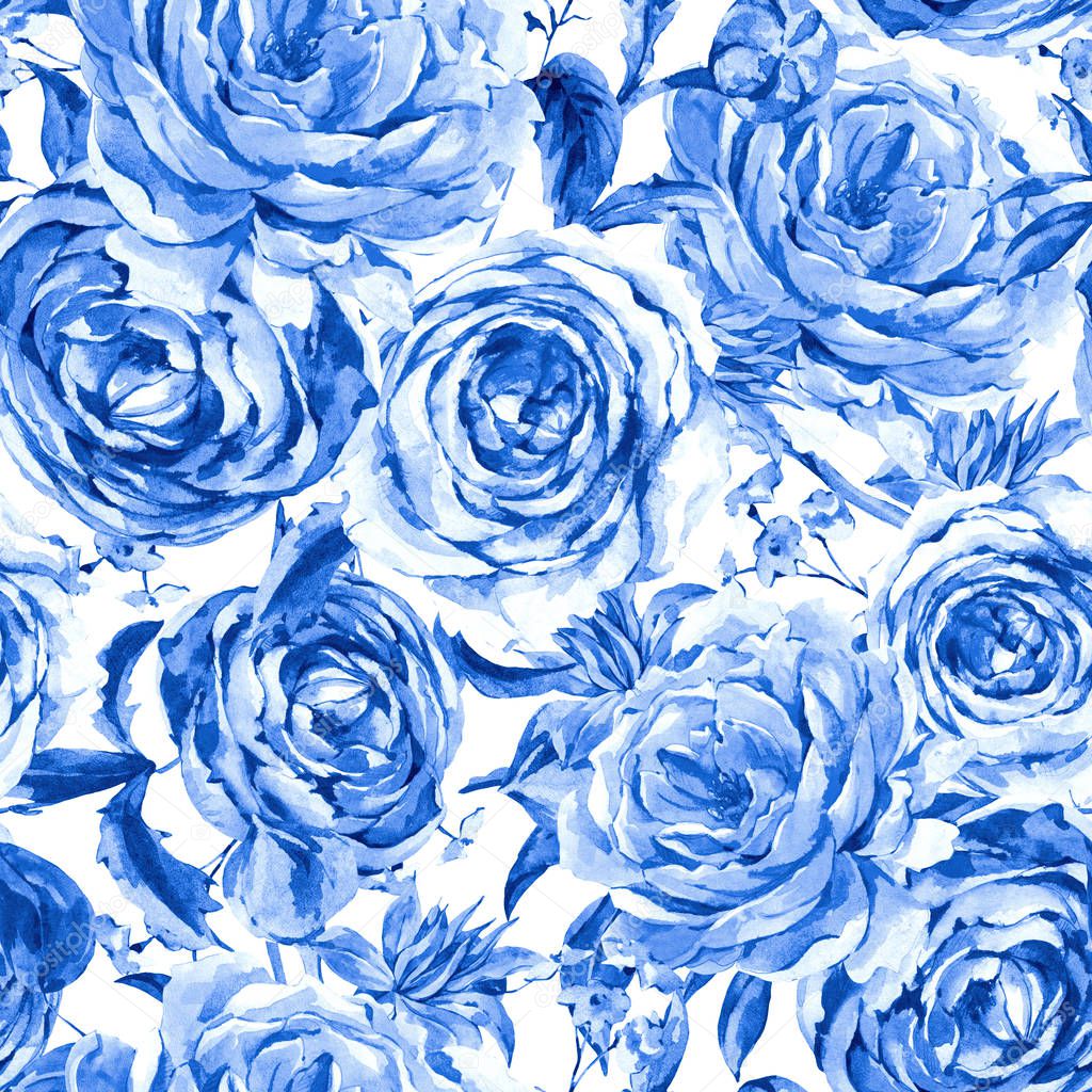 Blue Monochrome Roses Watercolor Vintage Floral Seamless Pattern