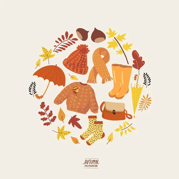 Höstens naturliga kollektion. Fall gratulationskort med paraply, gnugga — Stock vektor