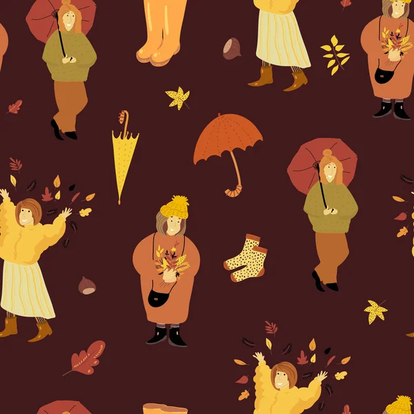 收藏秋季无缝模式。可爱的秋季卡通女孩, f — 图库矢量图片