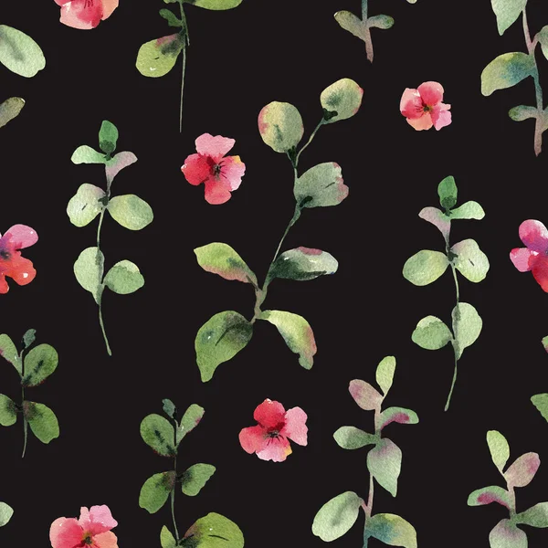 Vintage akvarell gröna blad och röda blommor sömlösa mönster — Stockfoto