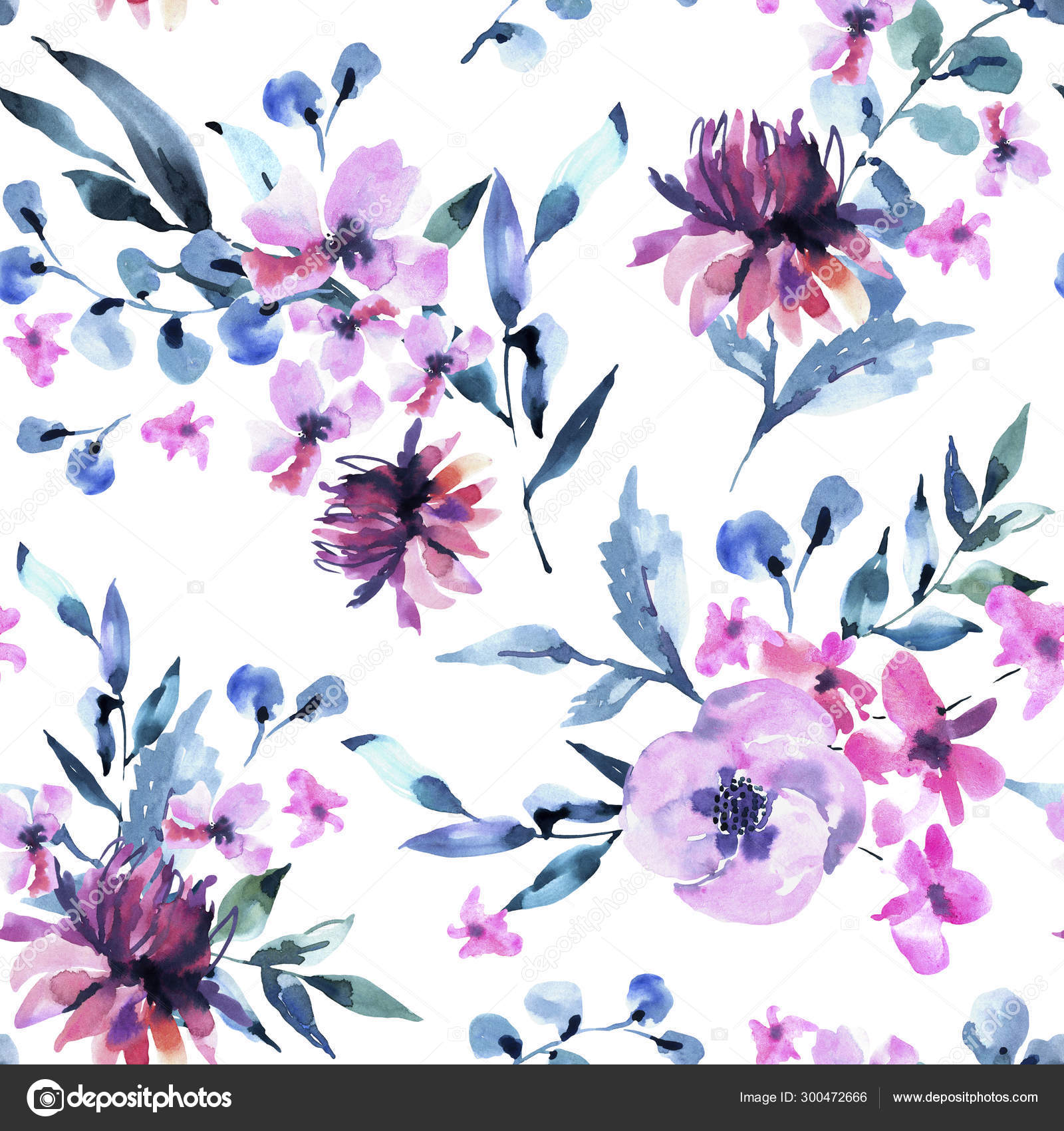 Watercolor Seamless Pattern Of Vintage Lilac Turquoise Flowers Stock Photo Image By C Belus 300472666