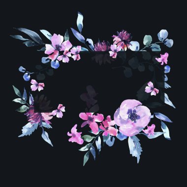 Suluboya Vintage leylak Turkuaz Çiçekler, Kır Çiçekleri Çerçeve. N