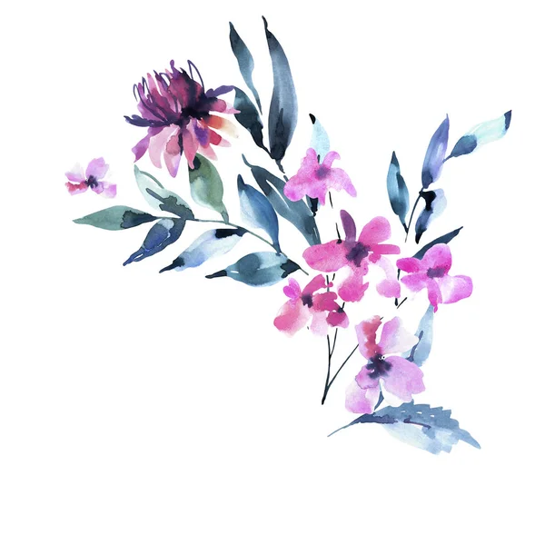 水彩画ヴィンテージライラックターコイズの花、ワイルドフラワー。自然 — ストック写真