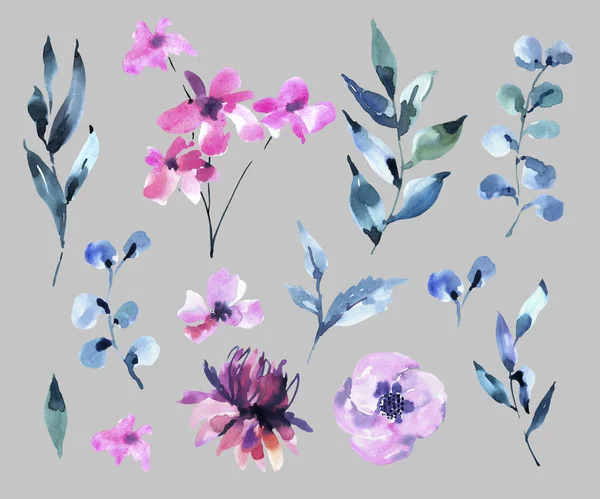 Set of Watercolor Vintage lilac Turquoise Flowers, Wildflowers.