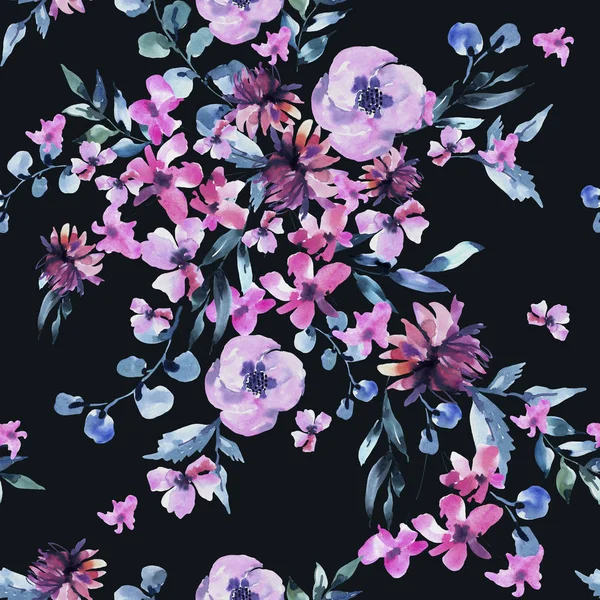 Akvarel Bezesý vzor starožitně tyrkysové květiny, — Stock fotografie