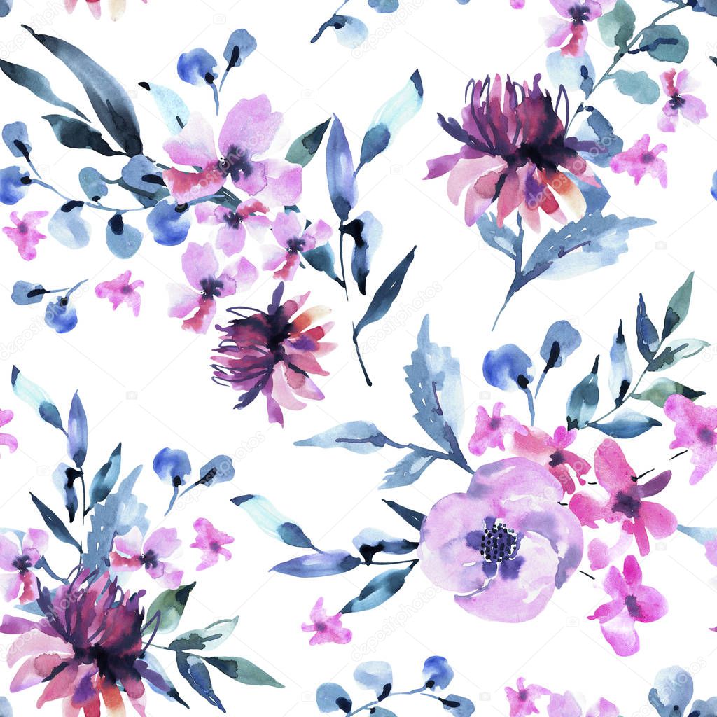 Watercolor Seamless Pattern of Vintage lilac Turquoise Flowers, 