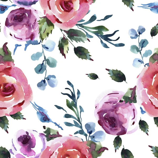 Roses Watercolor Floral Seamles Pattern, Pink Watercolor Rose, W — Stock Photo, Image