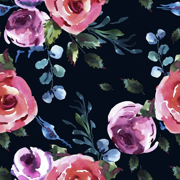 バラ水彩花の縫い目パターン、ピンクの水彩ローズ、W — ストック写真