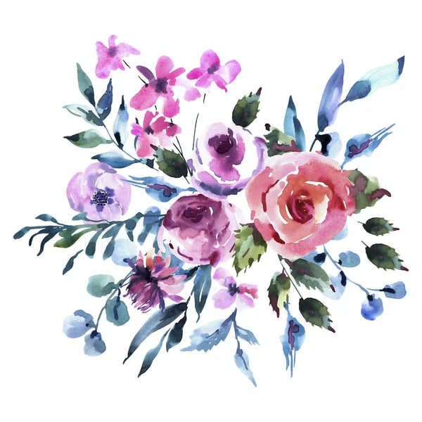 여름 수채화 꽃 인사말 카드. 핑크 수채화 장미, W — 스톡 사진