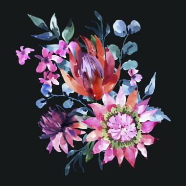 Protea çiçek tropikal suluboya tebrik kartı. Egzotik pembe