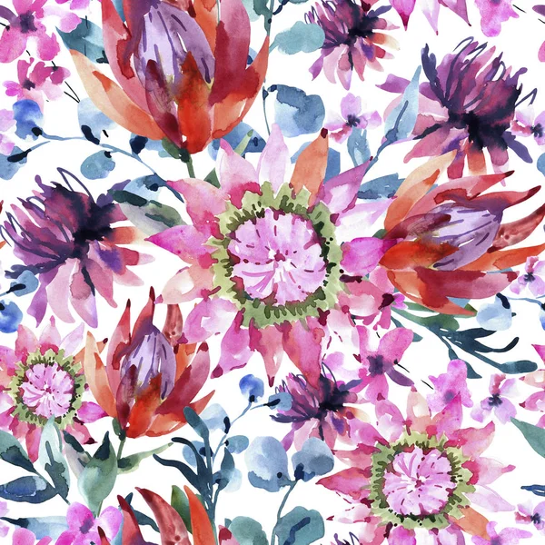 Τροπικά υδατογραφικά προτσάι άνθη απρόσκοπτη μοτίβο. Εξωτικά ροζ — Φωτογραφία Αρχείου