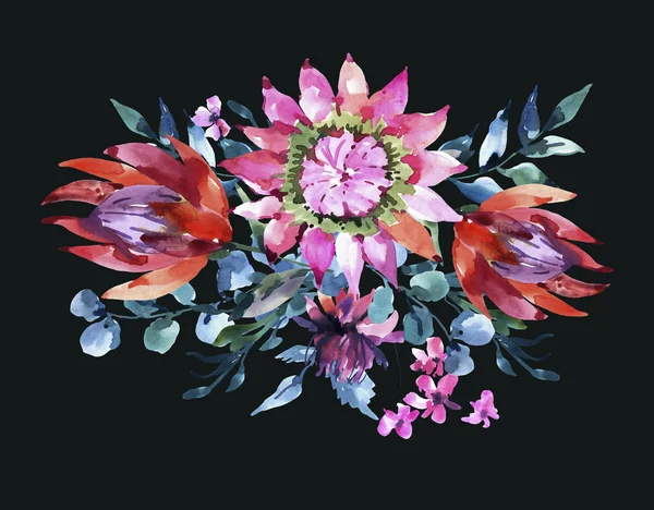 Tropikalna akwarela pocztówka z kwiatów Protea. Egzotyczny róż — Zdjęcie stockowe