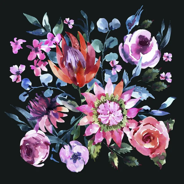 Aquarell-Grußkarte mit Protea-Blumen, Rosen, Wildblumen — Stockfoto