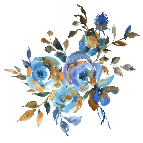 Roses aquarelle turquoise, fleurs sauvages, carte de vœux vintage . — Photo
