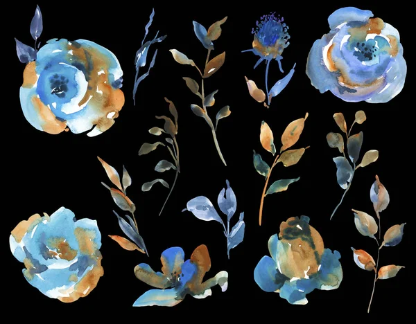 Set of watercolor turquoise roses, wildflowers, vintage design e — Stock Photo, Image