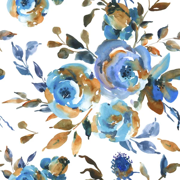 Watercolor vintage seamless pattern with turquoise roses, wildfl