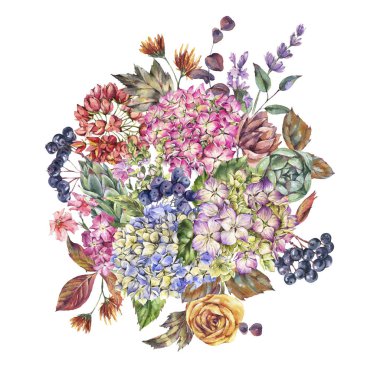 Kocaman suluboya buketler, ortancalar, kır çiçekleri, sonbahar çiçekleri