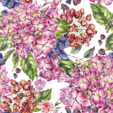 Suluboya çiçek açan pembe ortanca pürüzsüz desen, yapraklar, tomurcuk