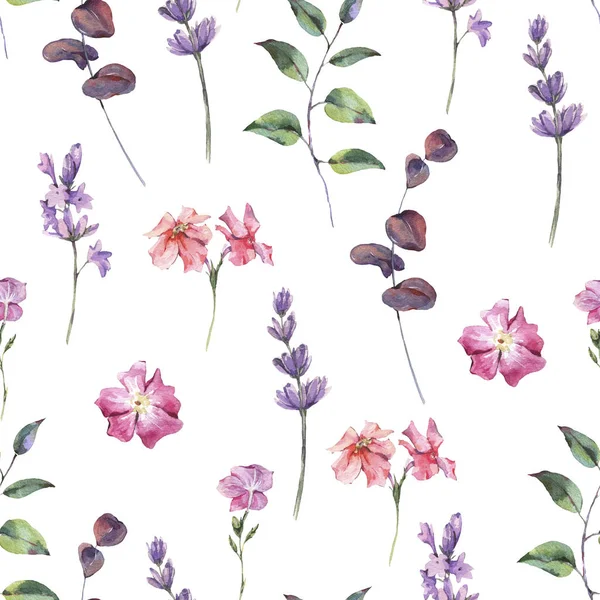 Akwarela vintage bezszwowy wzór z różowymi kwiatami i lavend — Zdjęcie stockowe