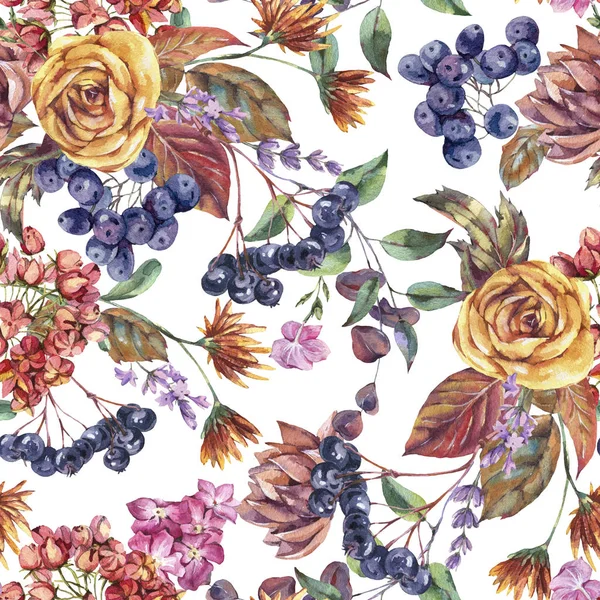 Watercolor vintage seamless pattern with chokeberry, ranunculus,
