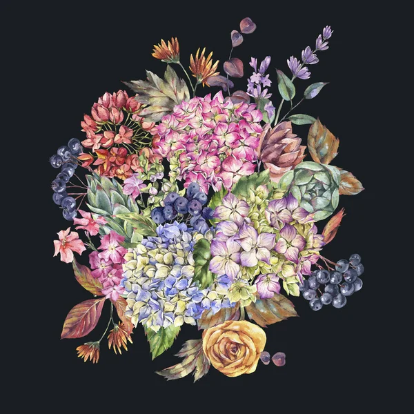 Bouquet d'aquarelle énorme avec hortensias, fleurs sauvages, lea d'automne — Photo