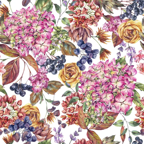 Watercolor vintage seamless pattern with hydrangeas, wildflowers