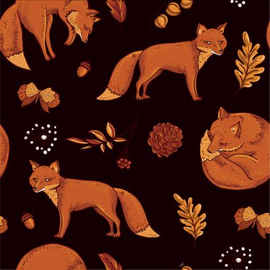 Kırmızı tilki desenli, sonbahar portakal yapraklı. Vektör vintage h