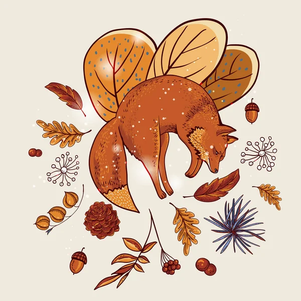 Aranyos ugró róka, őszi narancs levelek, virágok, fenyőtoboz, berr — Stock Vector