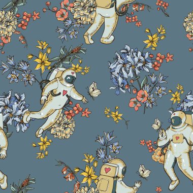 Çiçekli klasik vektör astronot deseni. Bilim 