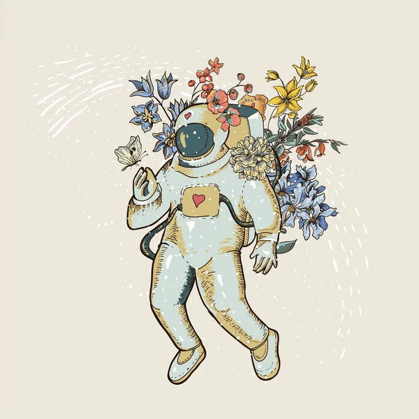 Vintage Vektor Astronauten Illustration mit Blumen. Science Fiction — Stockvektor