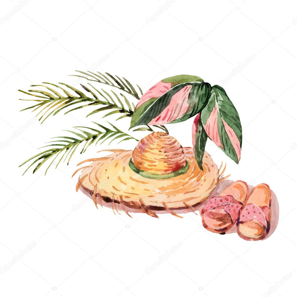 Summer watercolor vintage straw hat with palm leaves and slippers isolated on white background.