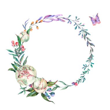 Beyaz arka planda izole edilmiş şakayıklardan oluşan suluboya yaz çelengi. Doğal klasik çiçek koleksiyonu. Boho tebrik kartı.