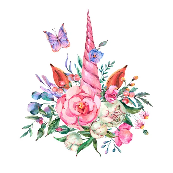 Ilustración Unicornio Floral Acuarela Aislada Sobre Fondo Blanco Colección Flores — Foto de Stock