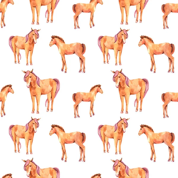 Watercolor Seamless Pattern Red Horse Baby Horse White Background Animal — Stock Photo, Image