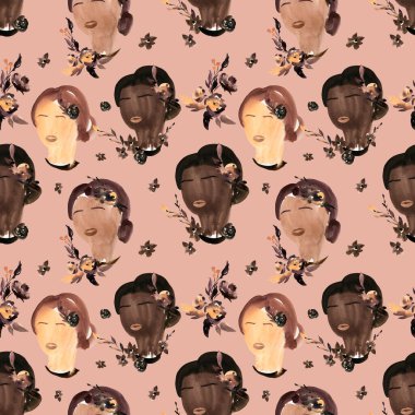 Pembe Arkaplanda Siyah Yaşamlar, Suluboya, Kusursuz Desen. Barış ve Arkadaşlığın İşareti, Kadınlar Suluboya Modern Yüz dokusu