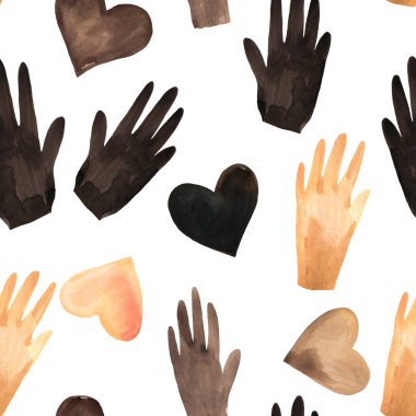Siyah Yaşamı Önemlidir Suluboya Beyaz Arkaplanda Kusursuz Desen. Eller, Barış ve Dostluk Duvar Kağıdı 'nın Kalbi