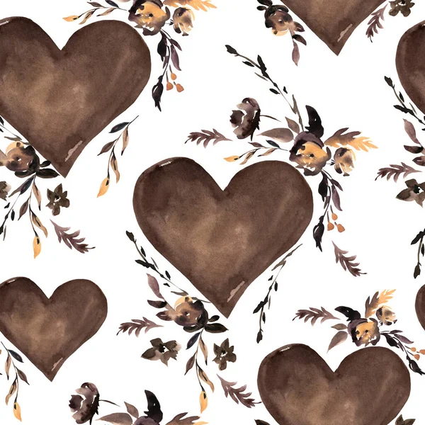 Brown Watercolor Hearts and Black Flowers Seamless Pattern on White Background. Black Lives Matter, Sign of Peace and Friendship.