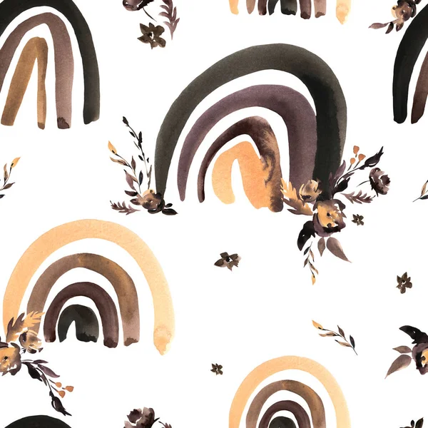 Watercolor Brown Rainbow Floral Seamless Pattern White Backgroumd Black Lives — Stock Photo, Image